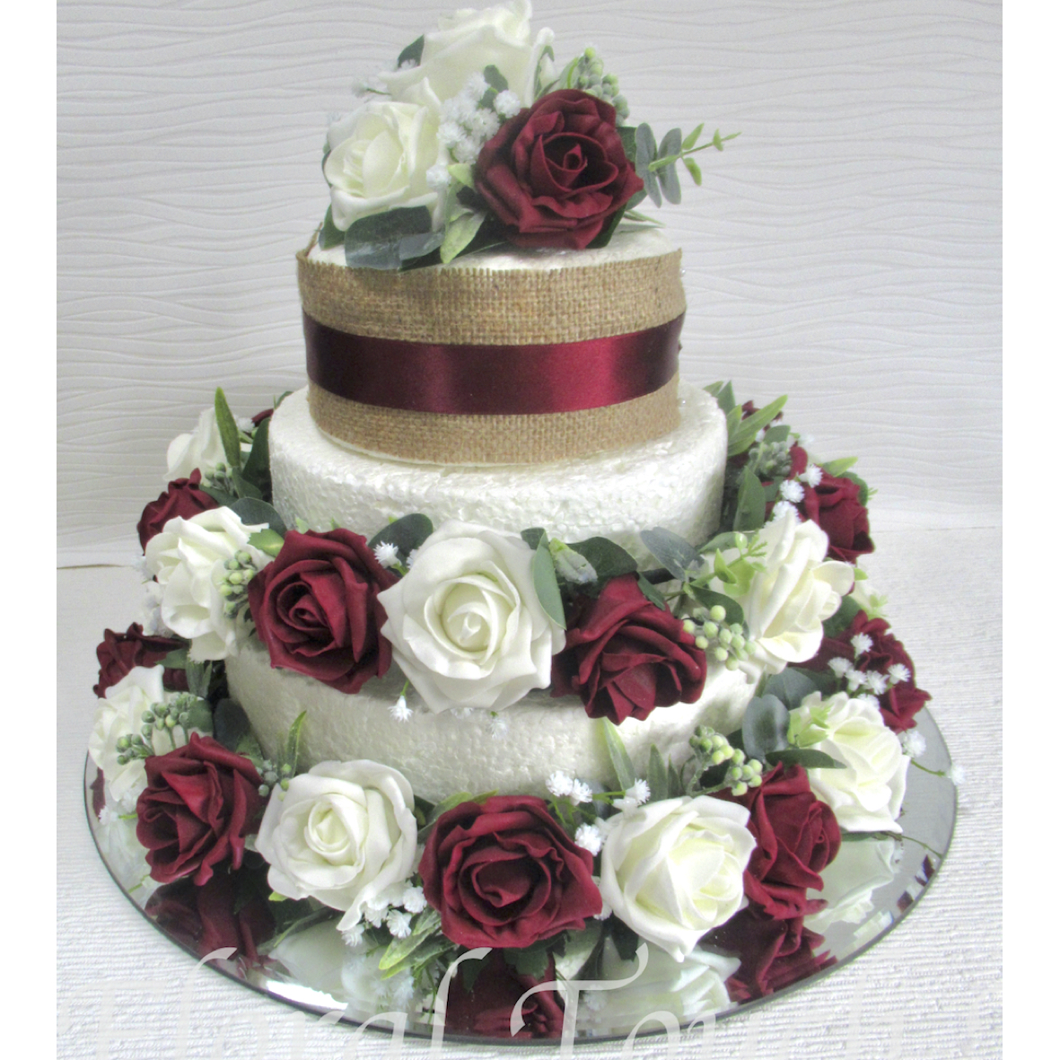 Burgundy & Ivory cake topper & wreaths